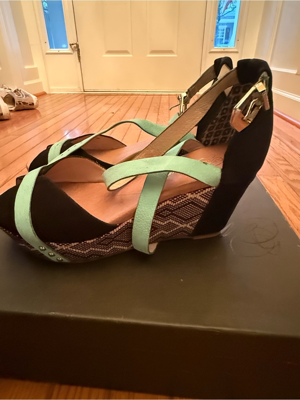 Matt Benson Chloe Black and Mint Green Crisscross Wedge Sandals